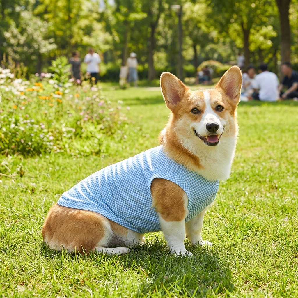Corgi in a blue micro-check cooling dog shirt in a sunny park