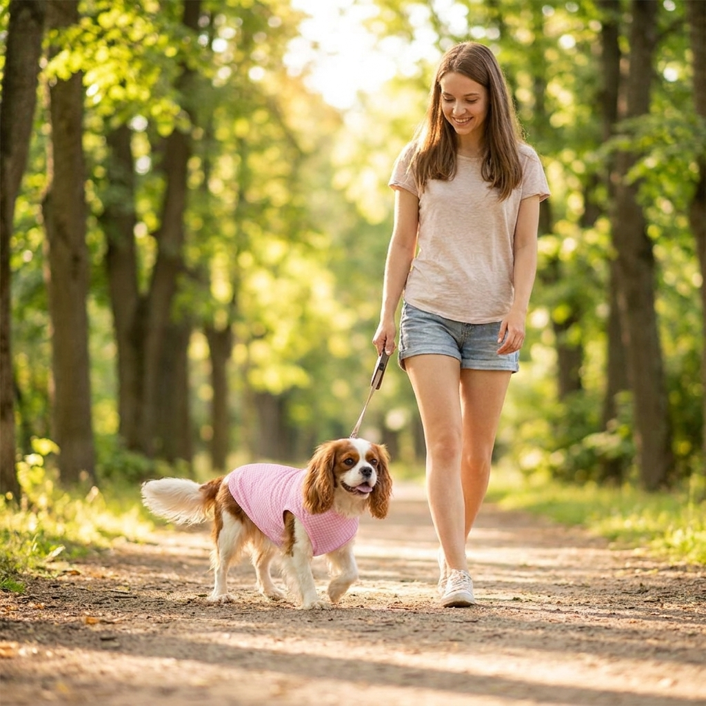 Cavalier King Charles Spaniel in a pink micro-check cooling dog shirt on a summer walk