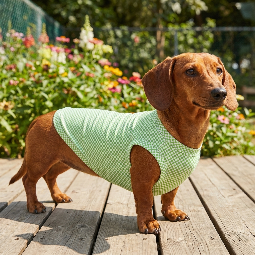 Dachshund in a green micro-check cooling dog shirt by a summer garden