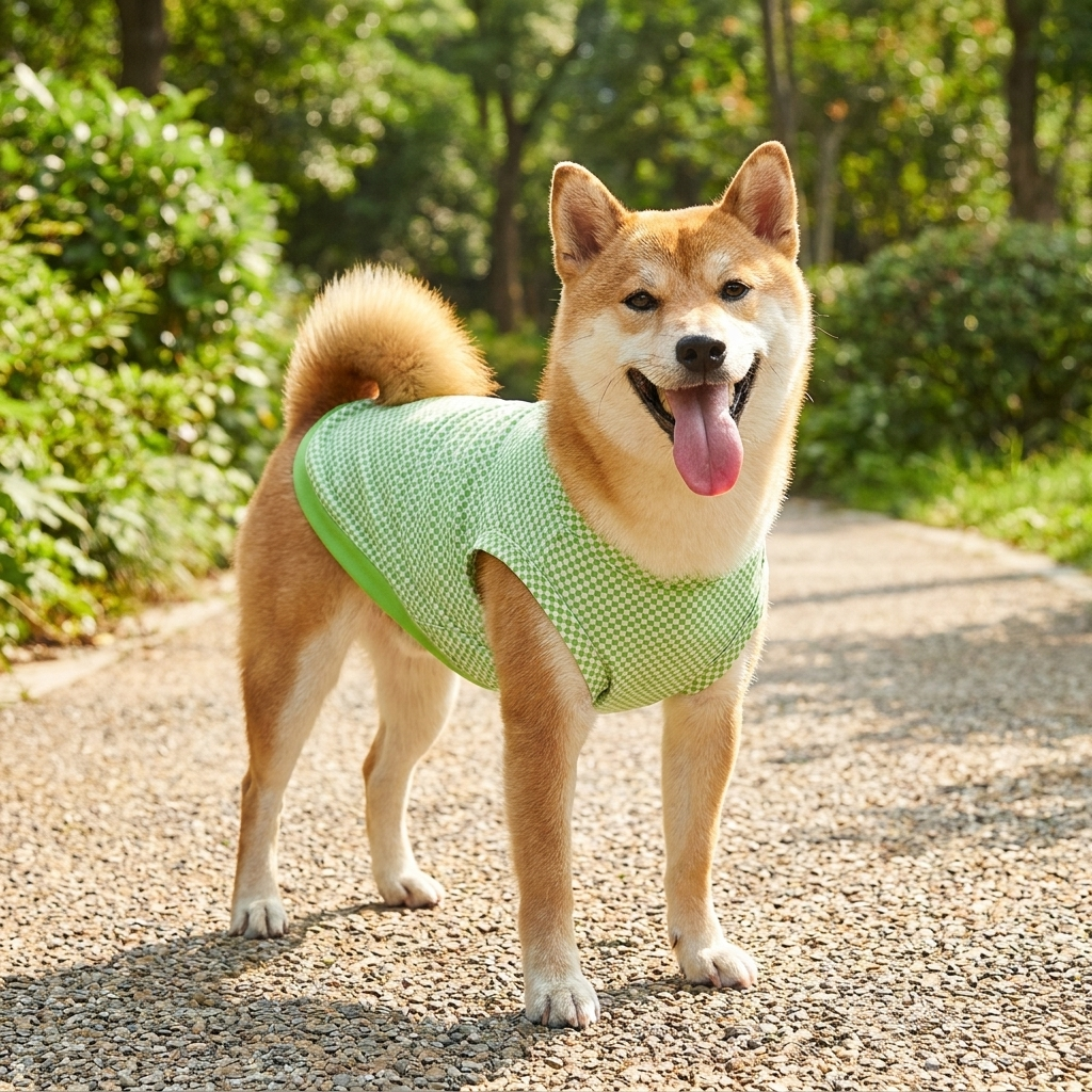 Shiba Inu in a green micro-check cooling dog shirt on a sunny park path
