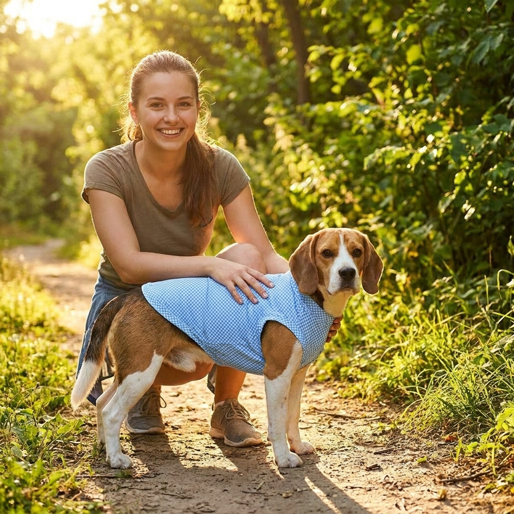 Woman with her Beagle in a blue micro-check cooling dog shirt on a summer trail