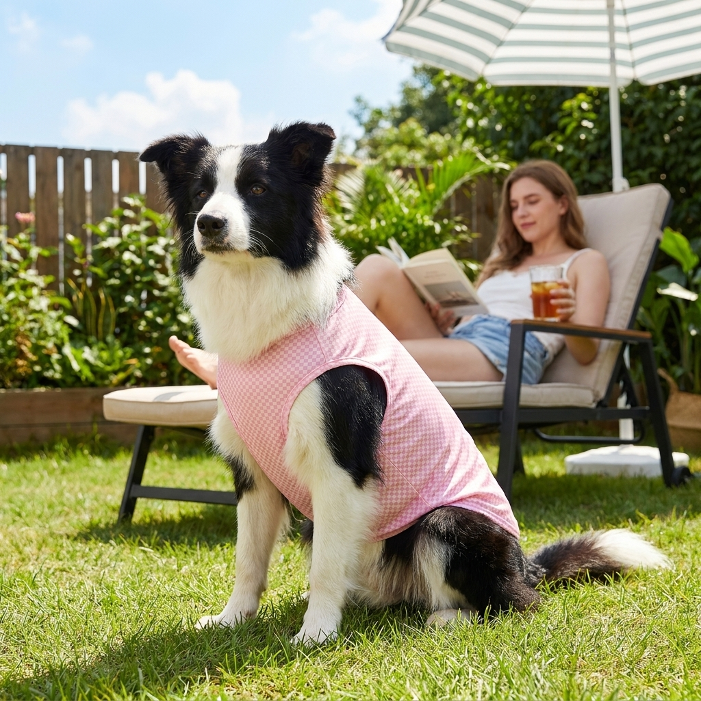 Border Collie in a pink micro-check cooling dog shirt in a sunny backyard
