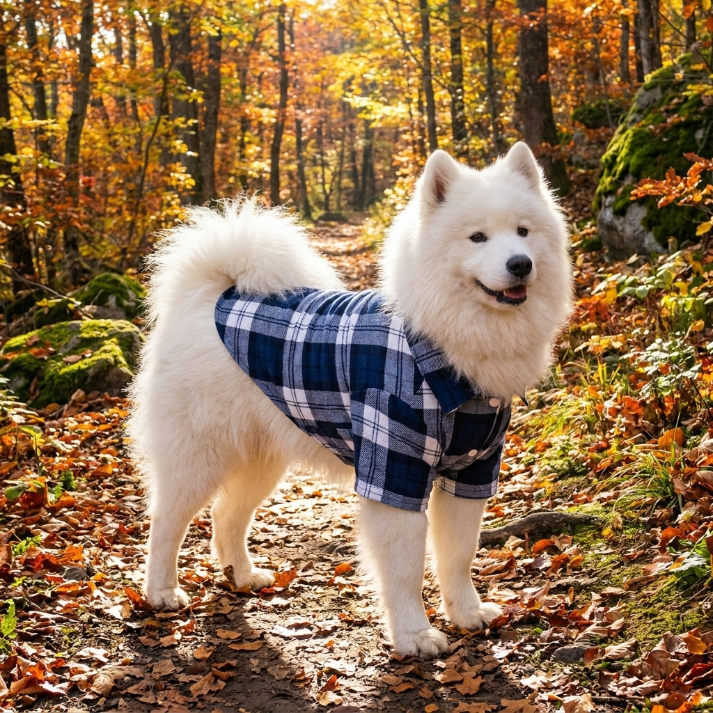 Samoyed in a blue plaid flannel dog shirt on a forest hiking trail