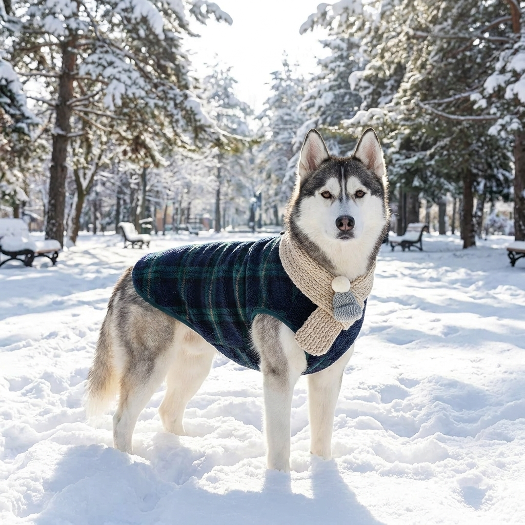 Siberian Husky in a navy plaid fleece winter coat with cream pom-pom scarf in a snowy park
