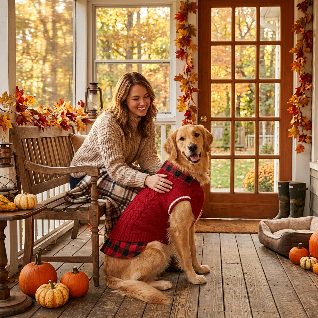 Woman with her Golden Retriever in a red cable-knit dog sweater vest on an autumn porch
