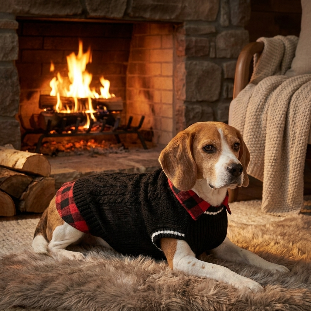 Beagle in a black cable-knit dog sweater vest resting by a fireplace