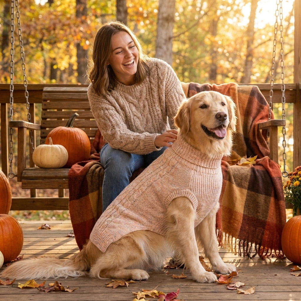 Woman with her Golden Retriever in a peach marled knit turtleneck dog sweater on an autumn porch