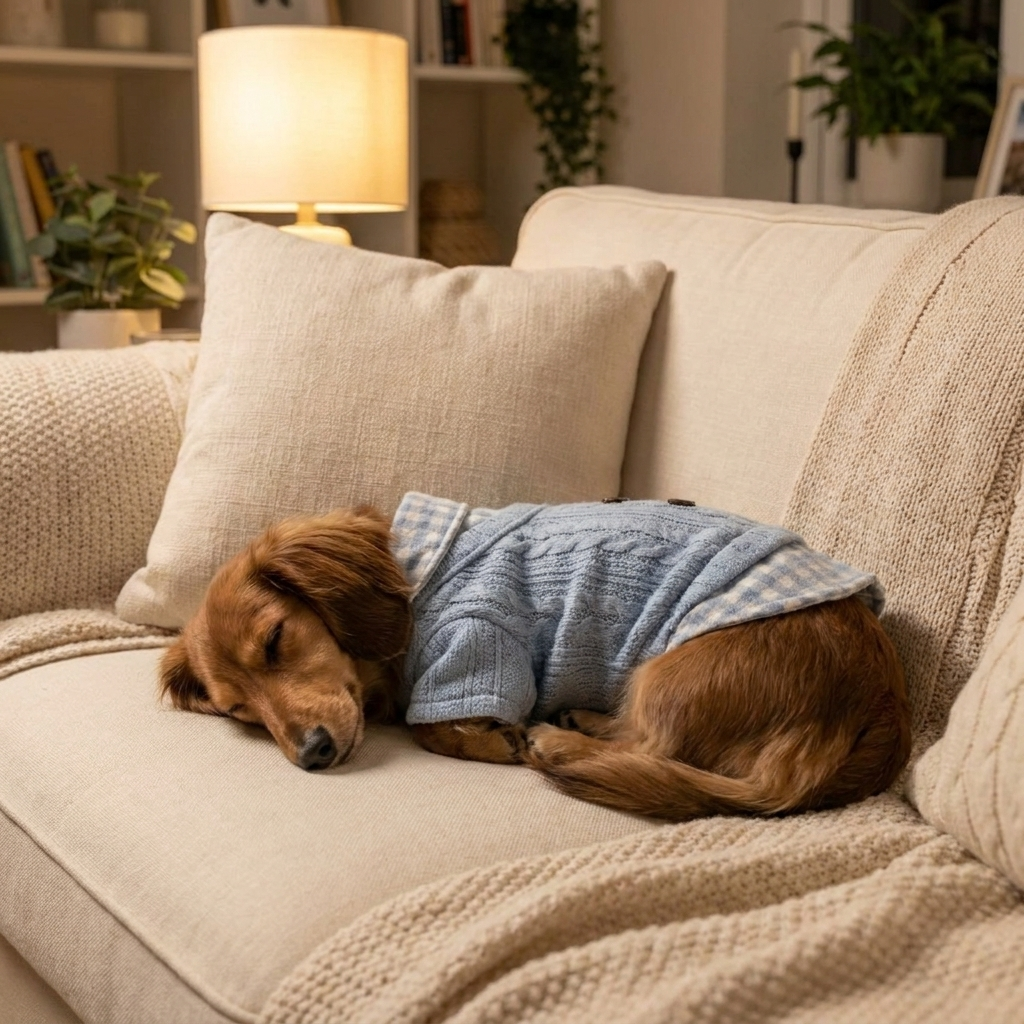 Dachshund in a blue plaid-collar cable-knit dog sweater curled on a couch