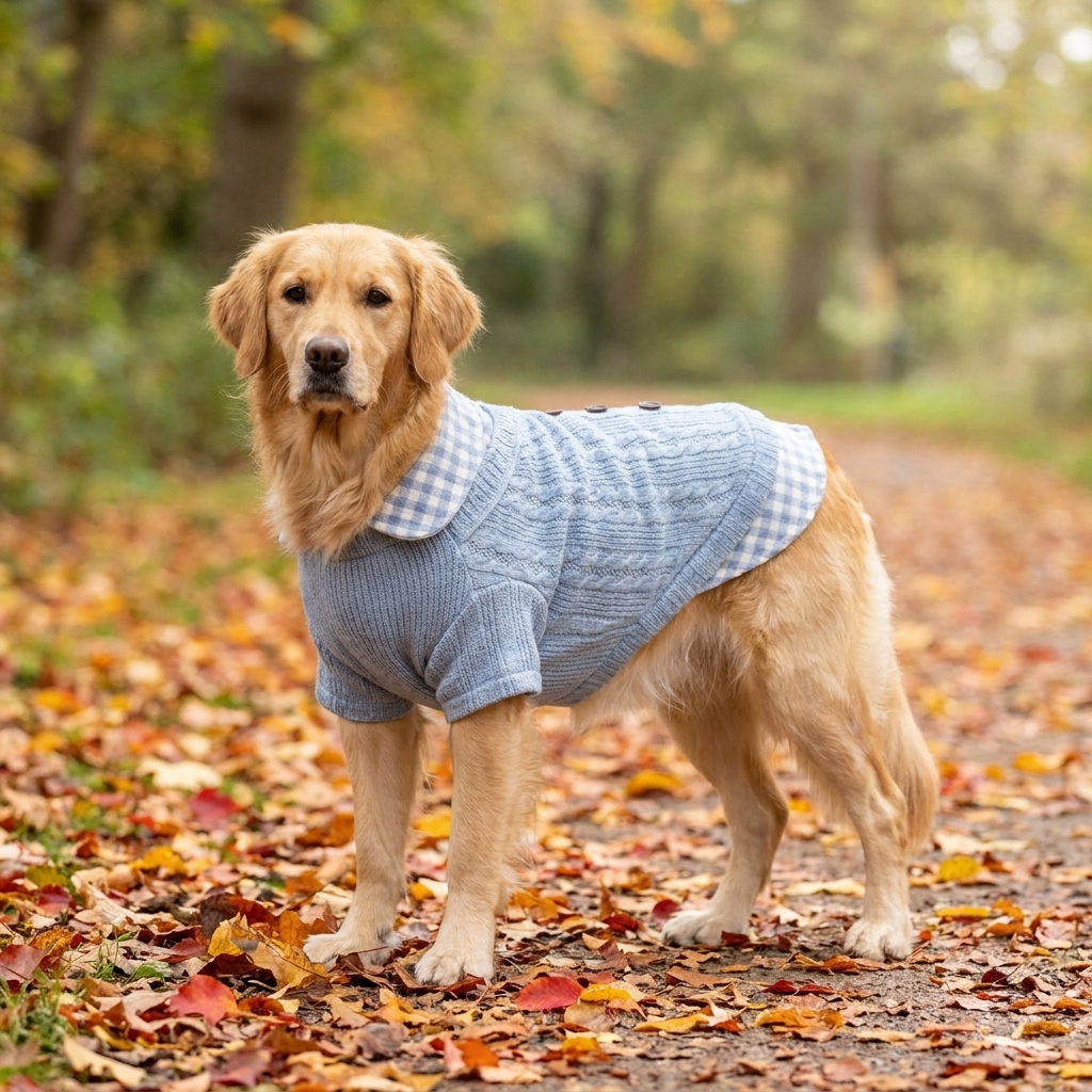 Golden Retriever in a blue plaid-collar cable-knit dog sweater in an autumn park