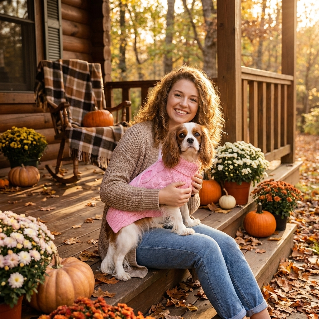 Woman with her Cavalier King Charles Spaniel in a light pink cable-knit turtleneck dog sweater on an autumn porch