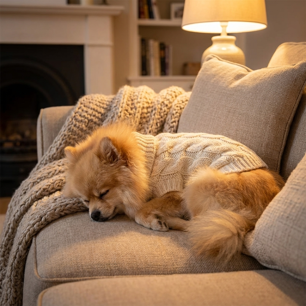 Pomeranian in a cream white cable-knit turtleneck dog sweater curled on a couch