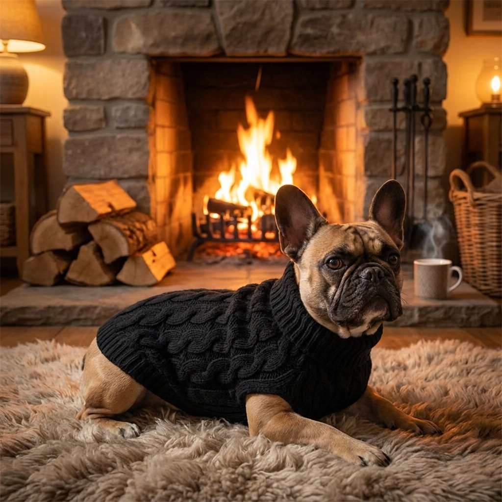 French Bulldog in a black cable-knit turtleneck dog sweater by a fireplace
