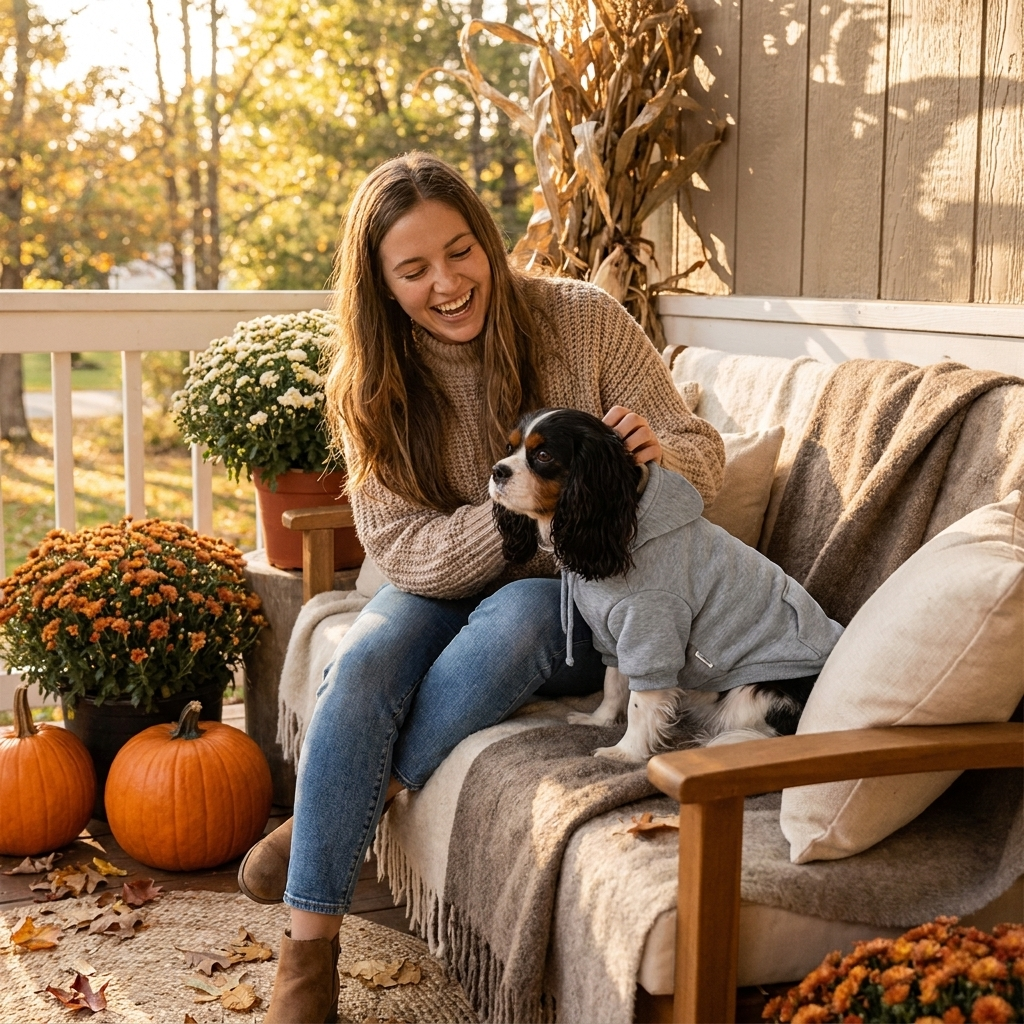 Woman with her Cavalier King Charles Spaniel in a gray plush dog hoodie on an autumn porch