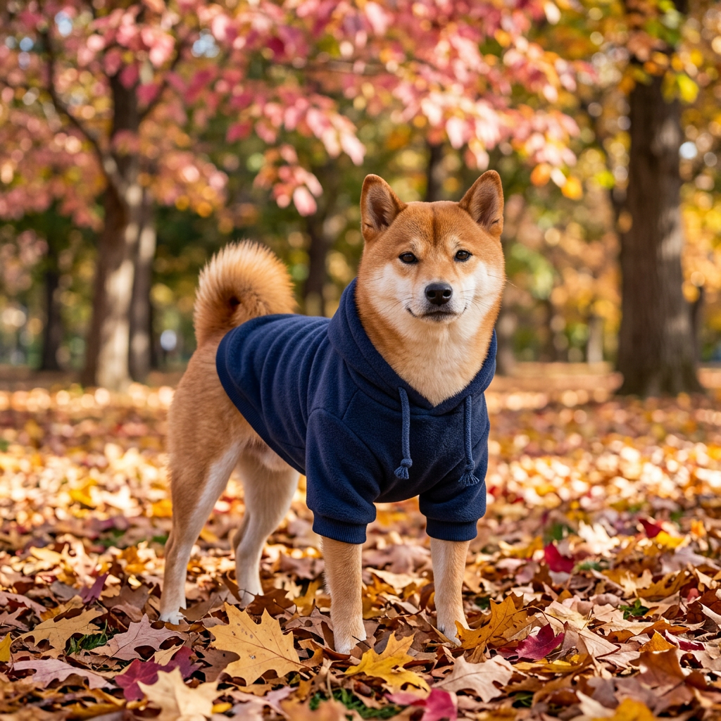 Shiba Inu in a dark navy plush dog hoodie in an autumn park