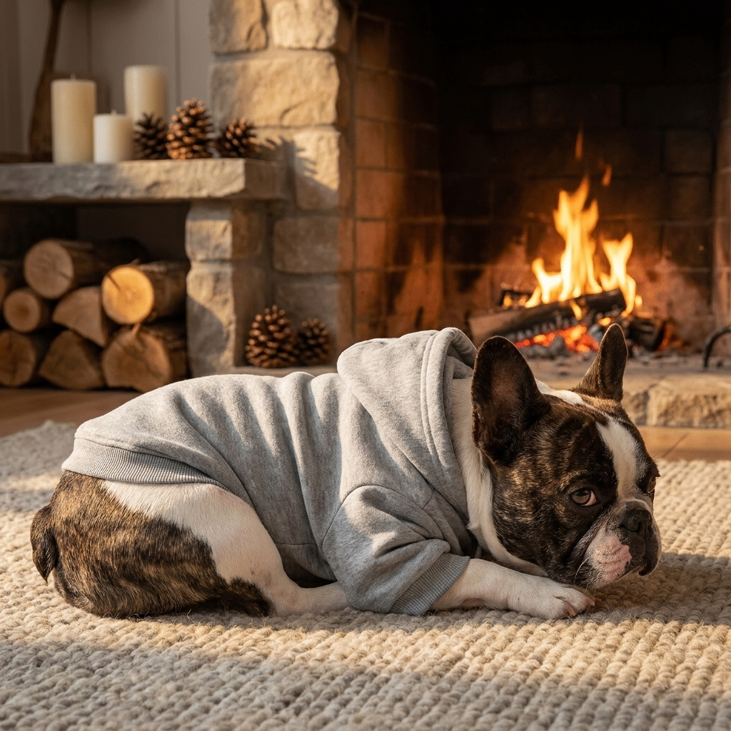 French Bulldog in a gray plush dog hoodie by a fireplace