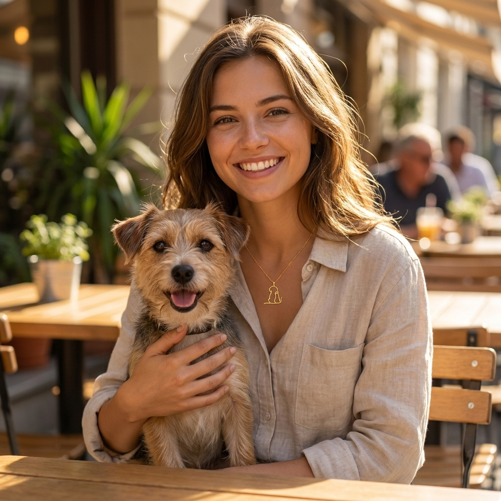 Woman wearing the gold dog and cat pendant necklace while holding her small dog at a cafe