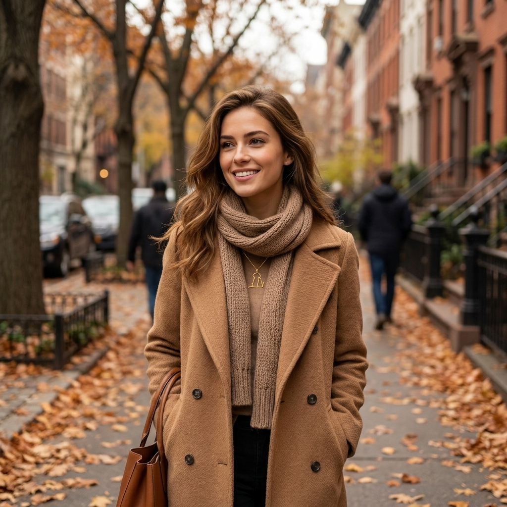 Woman wearing the gold dog and cat pendant necklace on an autumn city street