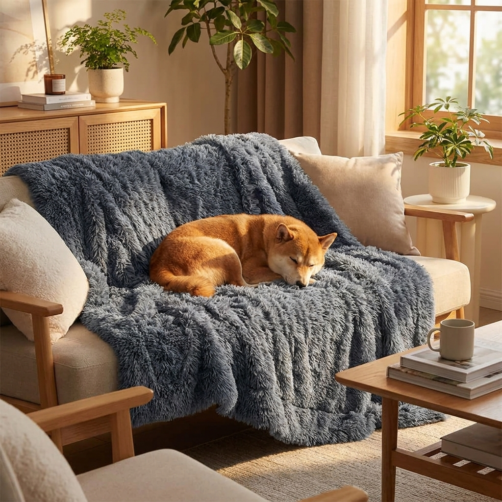 Shiba Inu curled up on a dark grey plush waterproof dog blanket