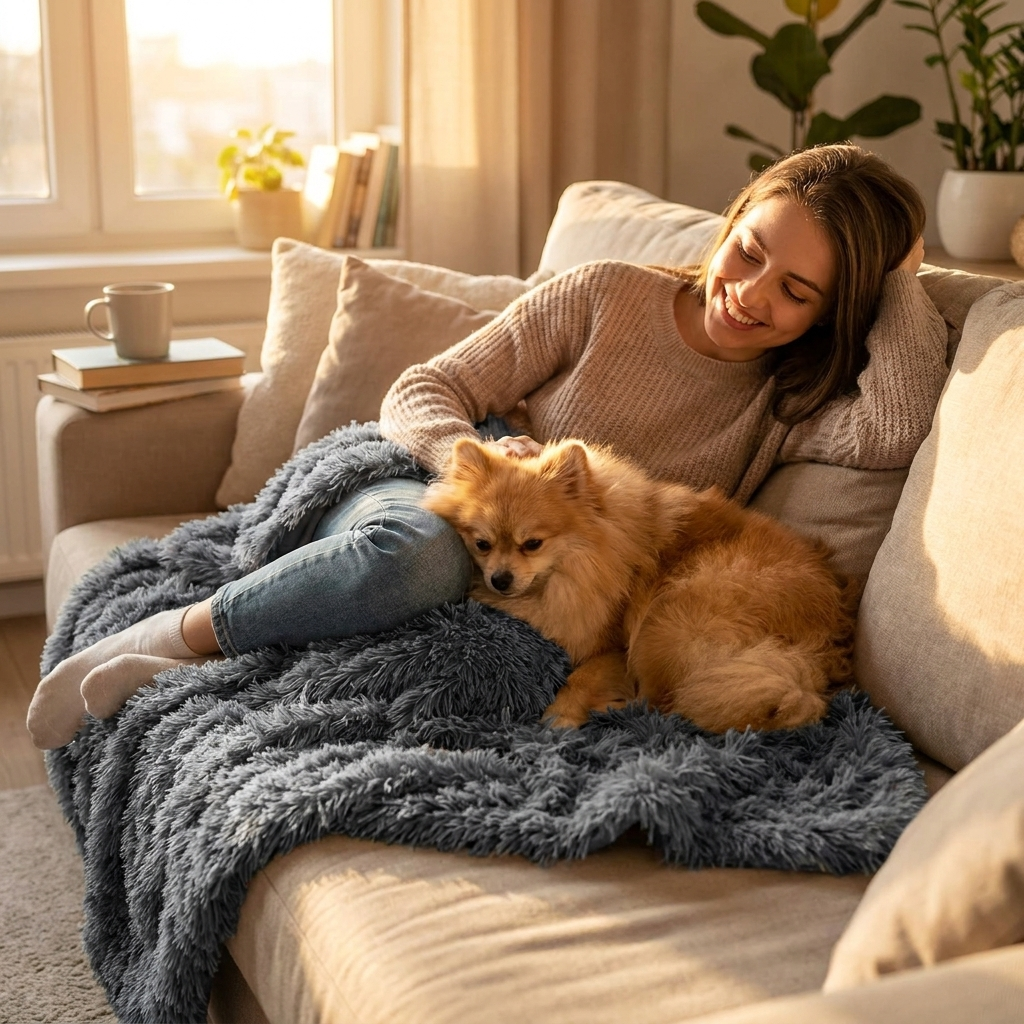 Woman on a sofa with her Pomeranian on a charcoal faux-fur calming dog blanket