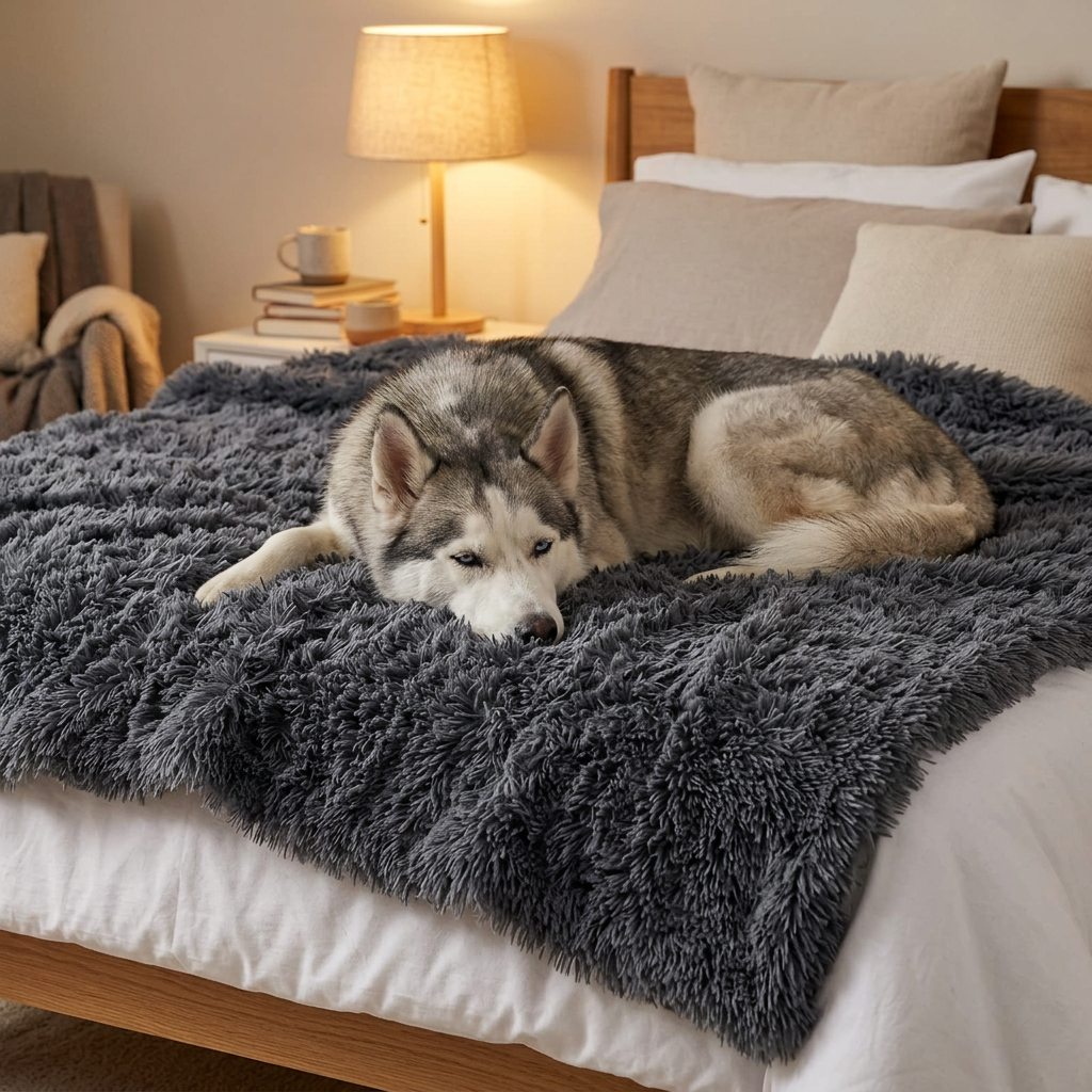 Siberian Husky resting on a charcoal faux-fur calming dog blanket on a bed