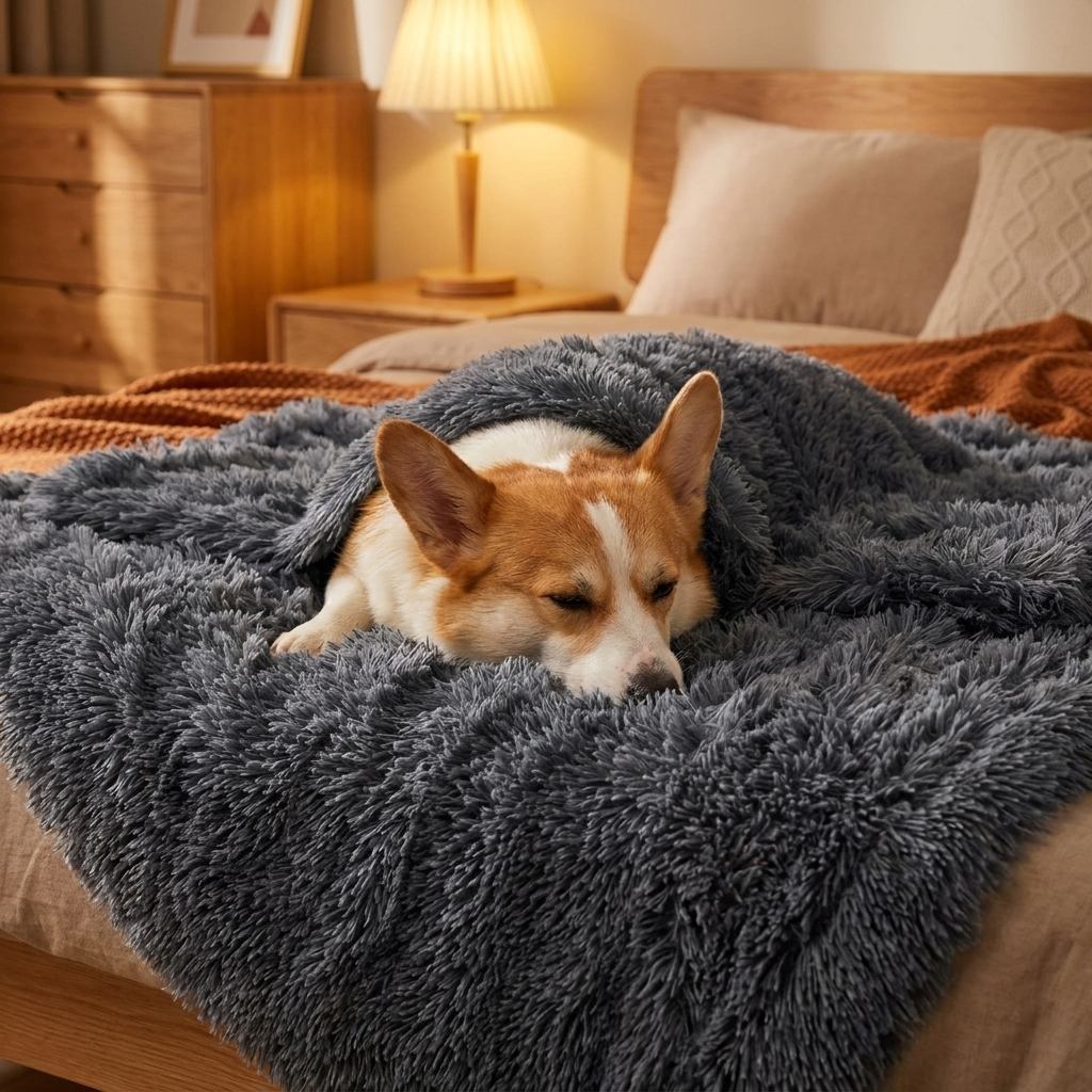 Corgi relaxing on a dark gray faux-fur dog blanket on a bed