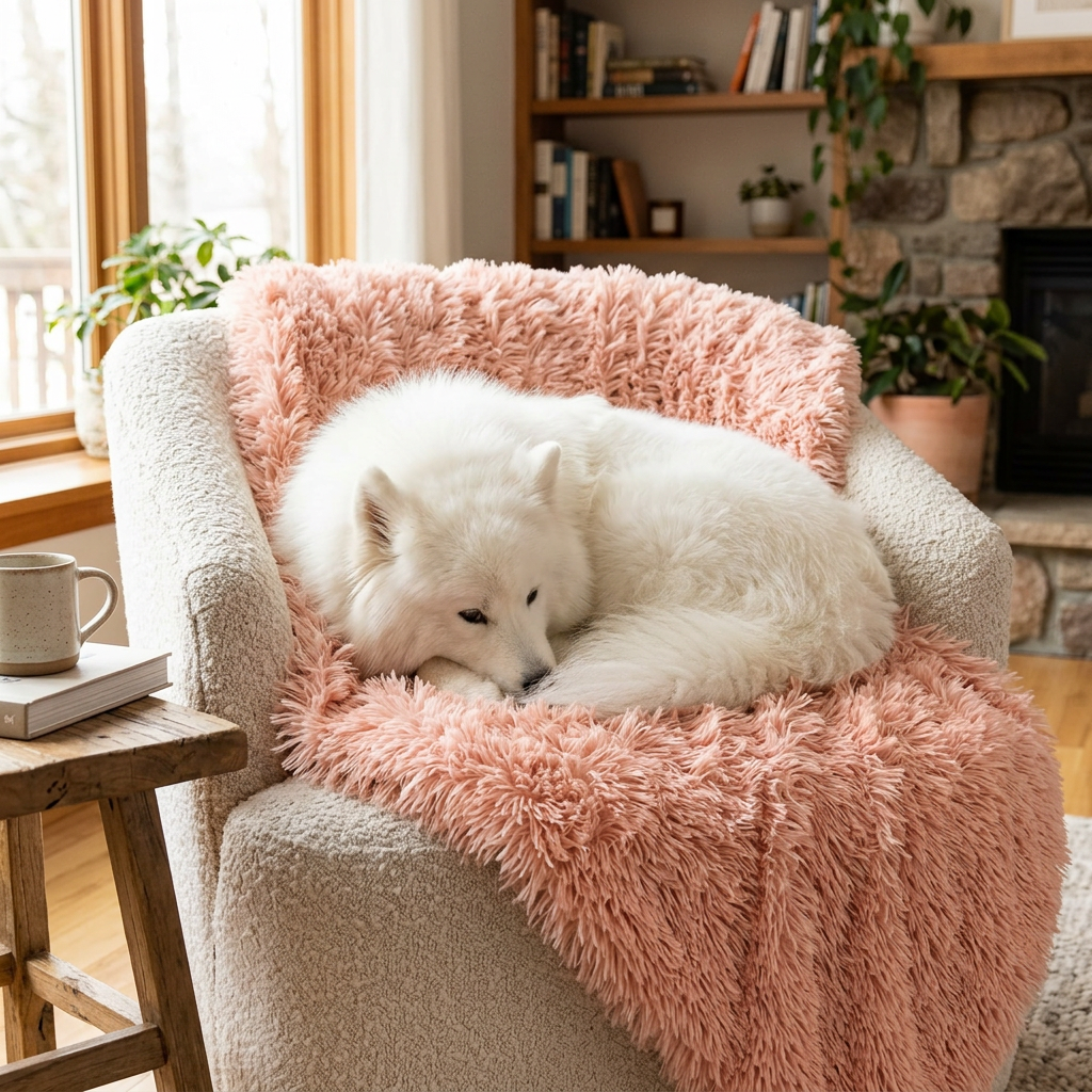 Samoyed curled up on a pink faux-fur dog blanket