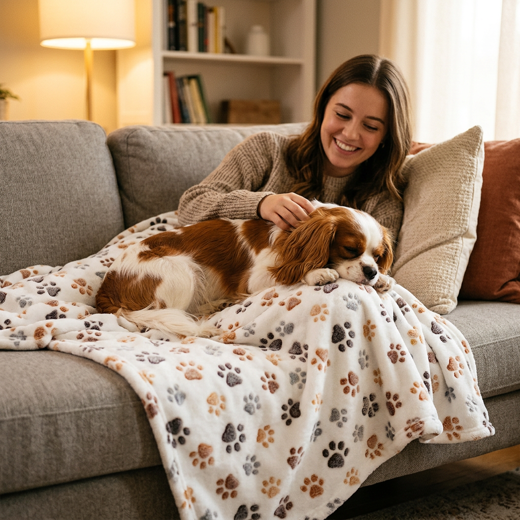 Woman on a sofa with her Cavalier King Charles Spaniel on a white paw-print coral fleece dog blanket