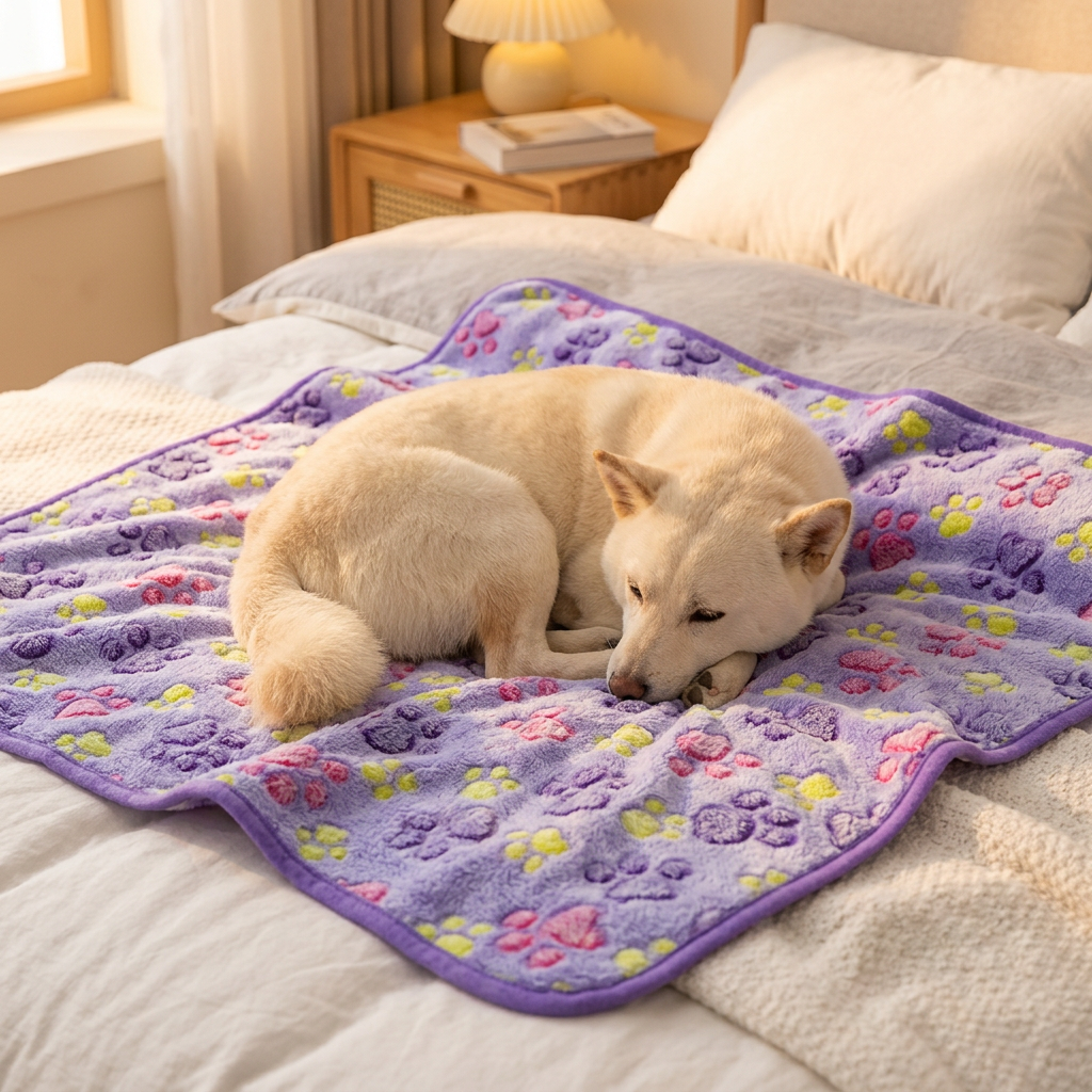 Shiba Inu resting on a purple paw-print coral fleece dog blanket on a bed