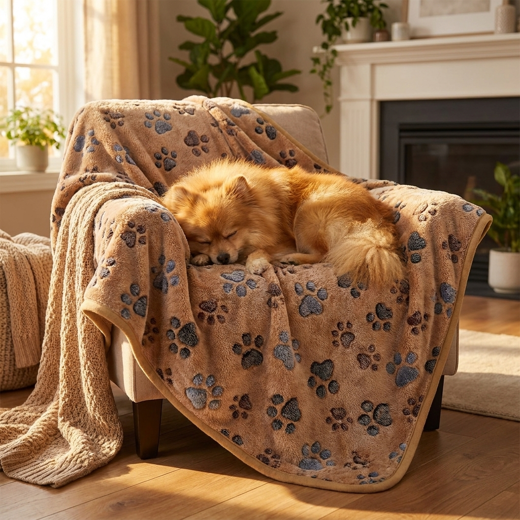 Pomeranian curled up on a brown paw-print coral fleece dog blanket