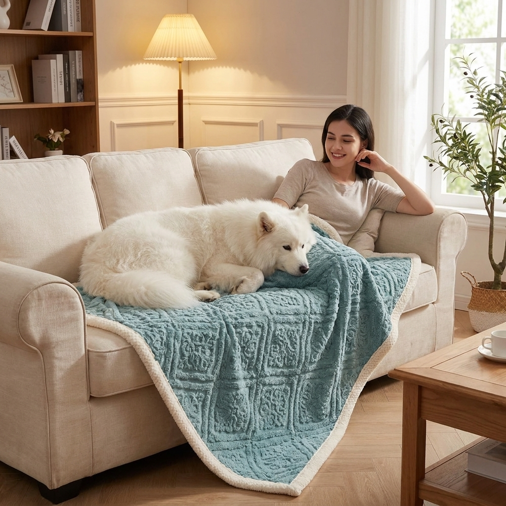 Woman on a sofa with her Samoyed on a blue baroque embossed velvet dog throw