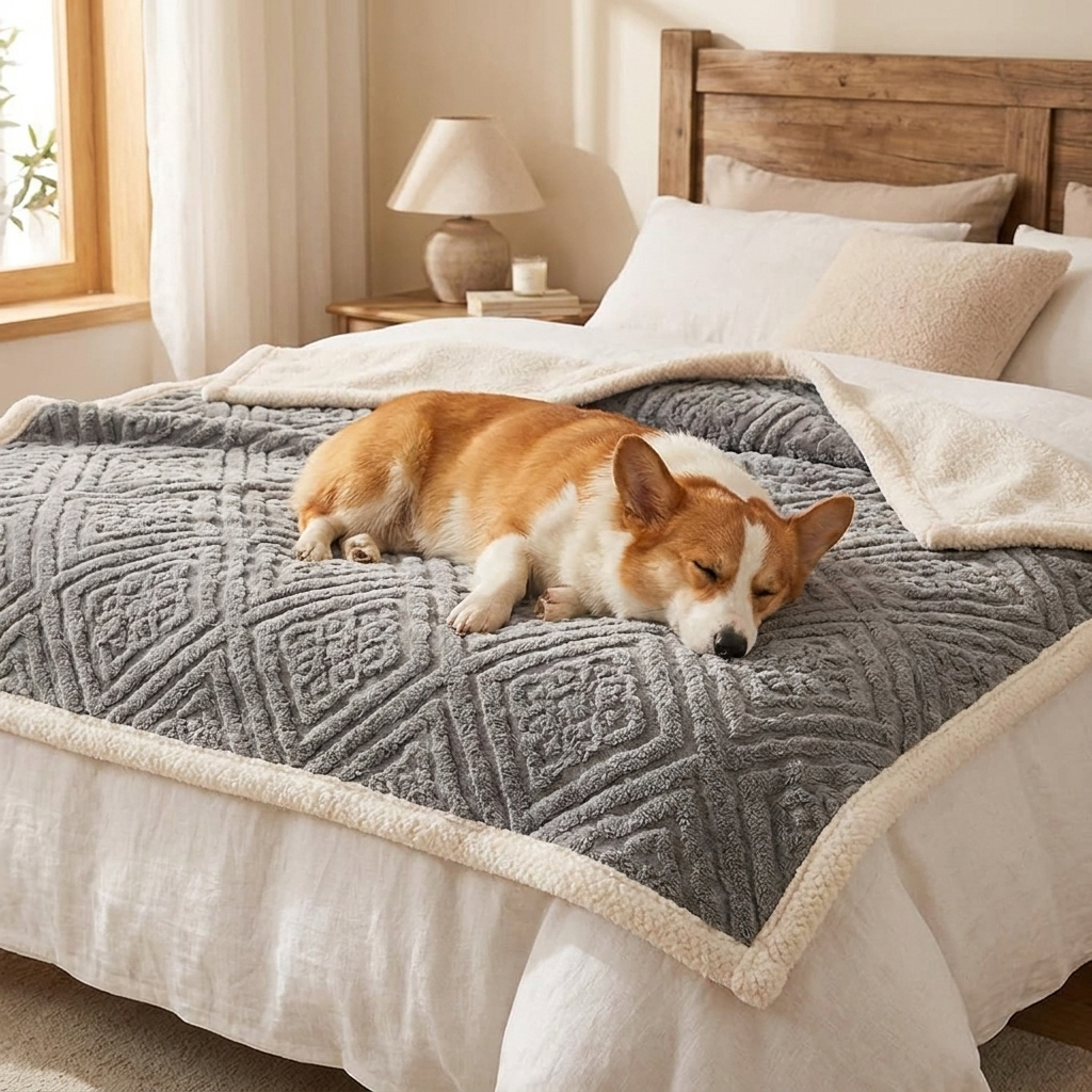 Corgi resting on a grey baroque embossed velvet dog throw on a bed