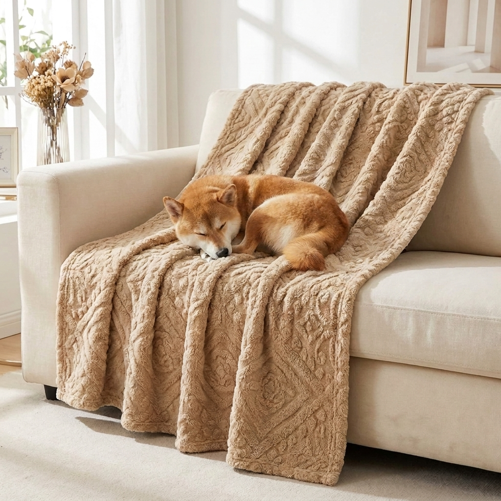 Shiba Inu curled up on a khaki baroque embossed velvet dog throw