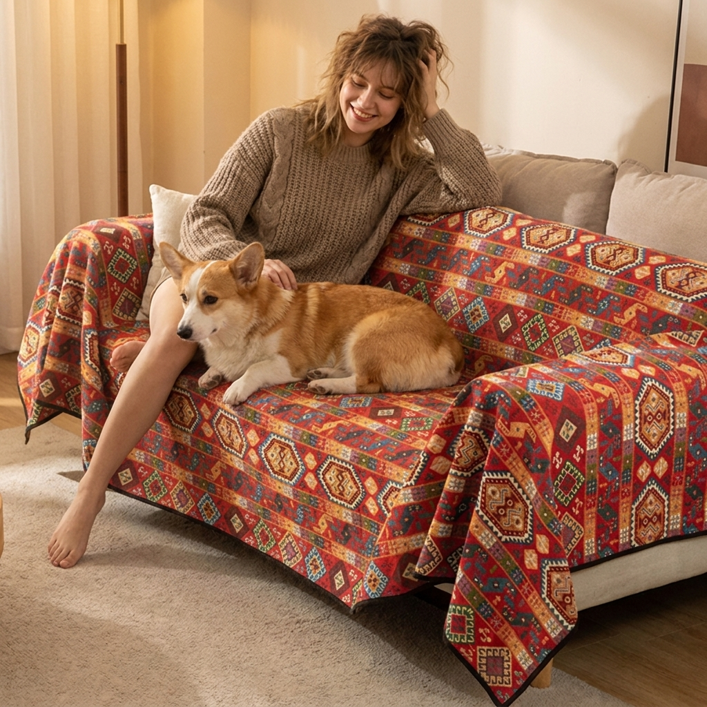 Woman on a sofa with her Corgi on a Moroccan jacquard dog throw
