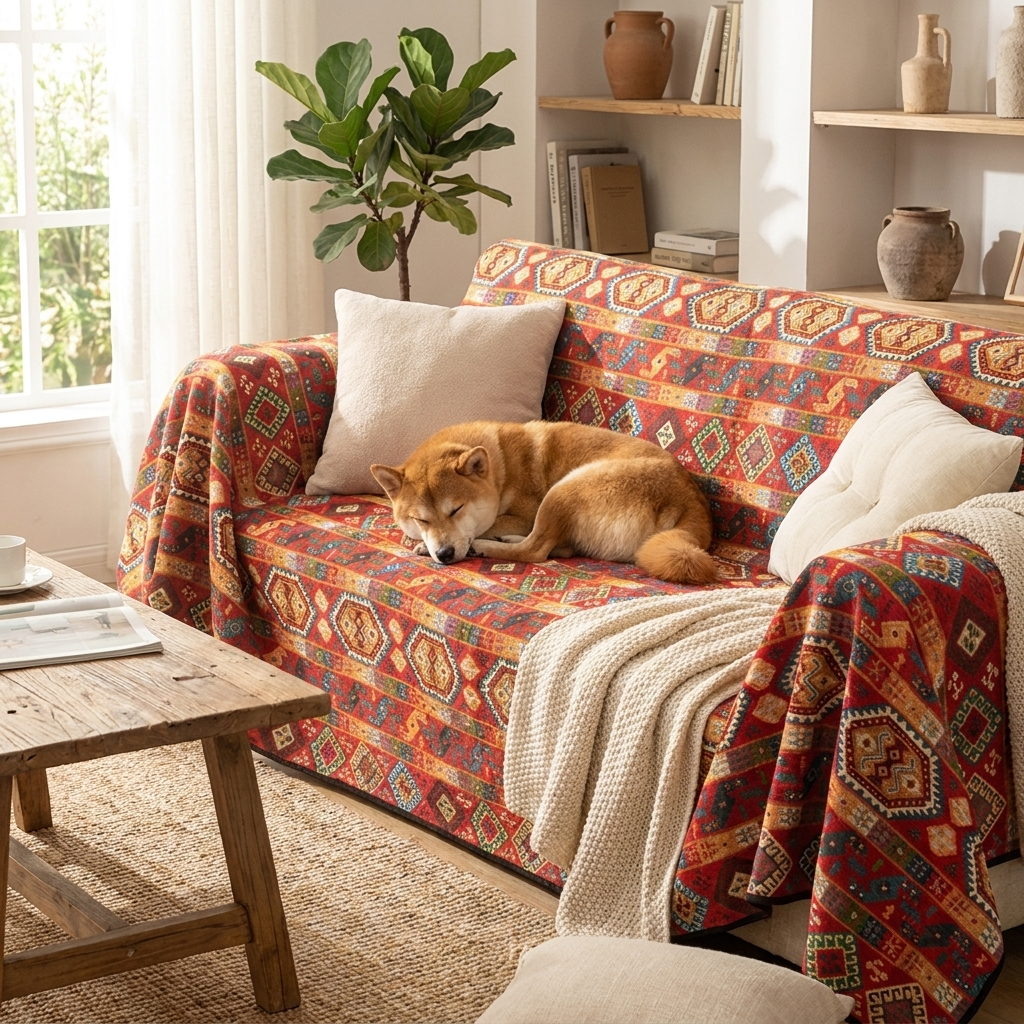 Shiba Inu curled up on a Moroccan jacquard dog throw