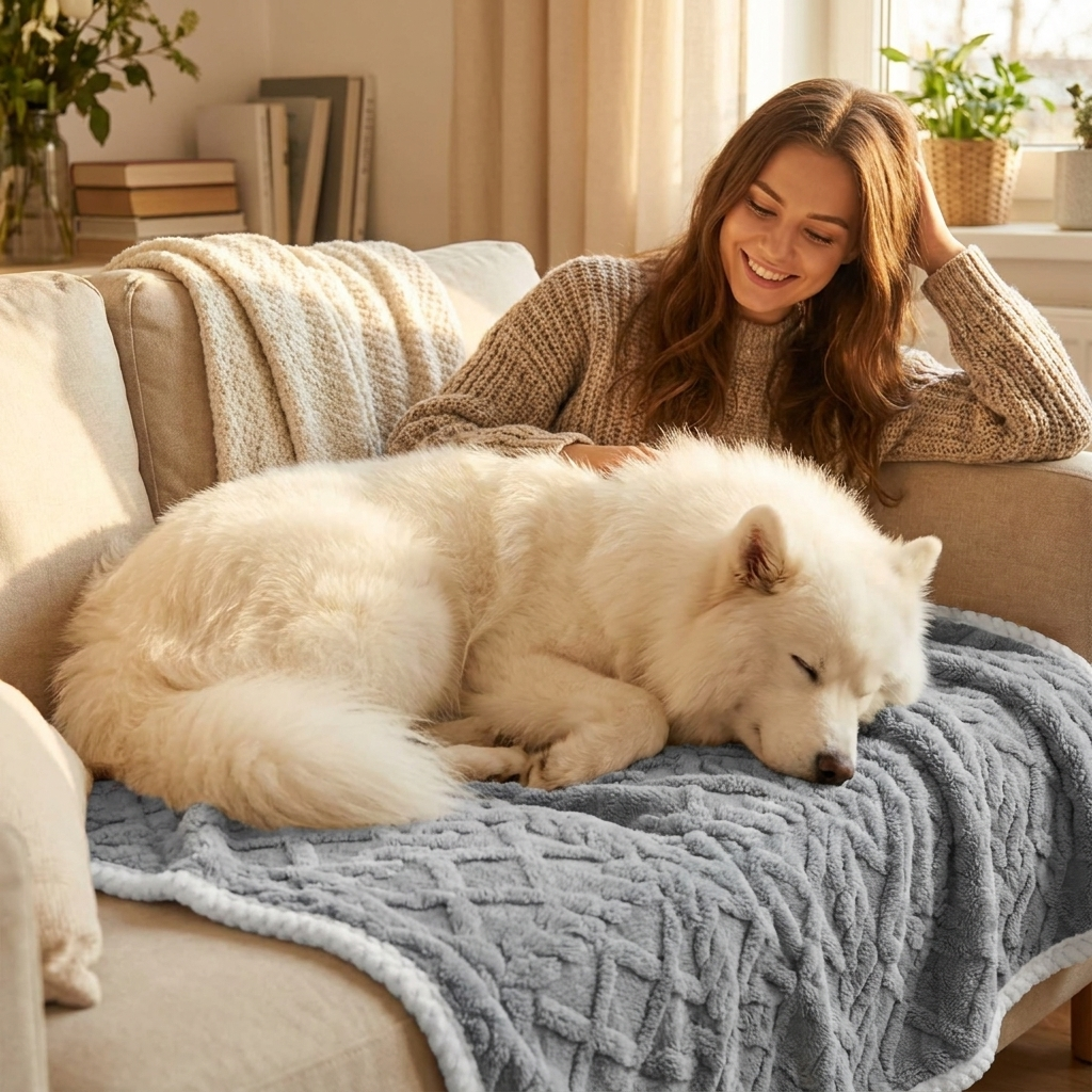 Woman on a sofa with her Samoyed on a grey waterproof sherpa dog blanket