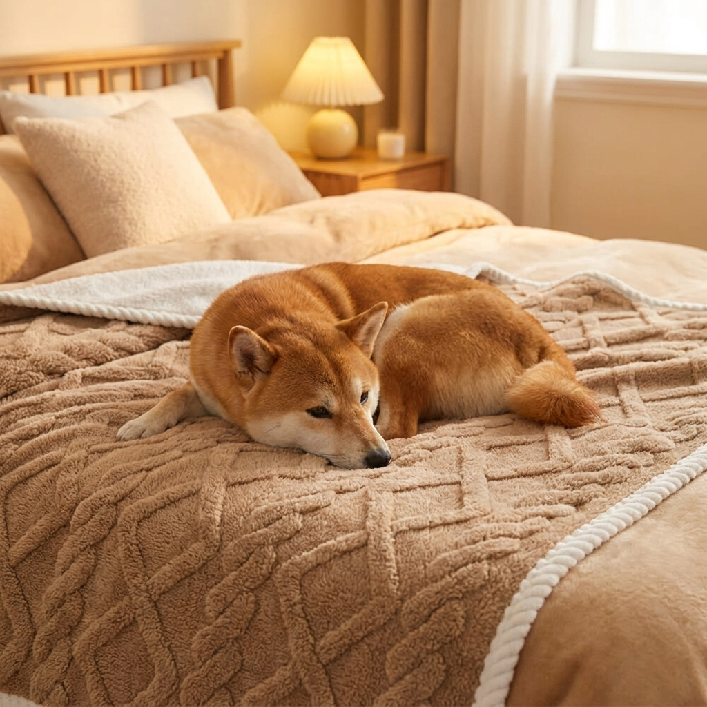 Shiba Inu resting on a khaki waterproof sherpa dog blanket on a bed