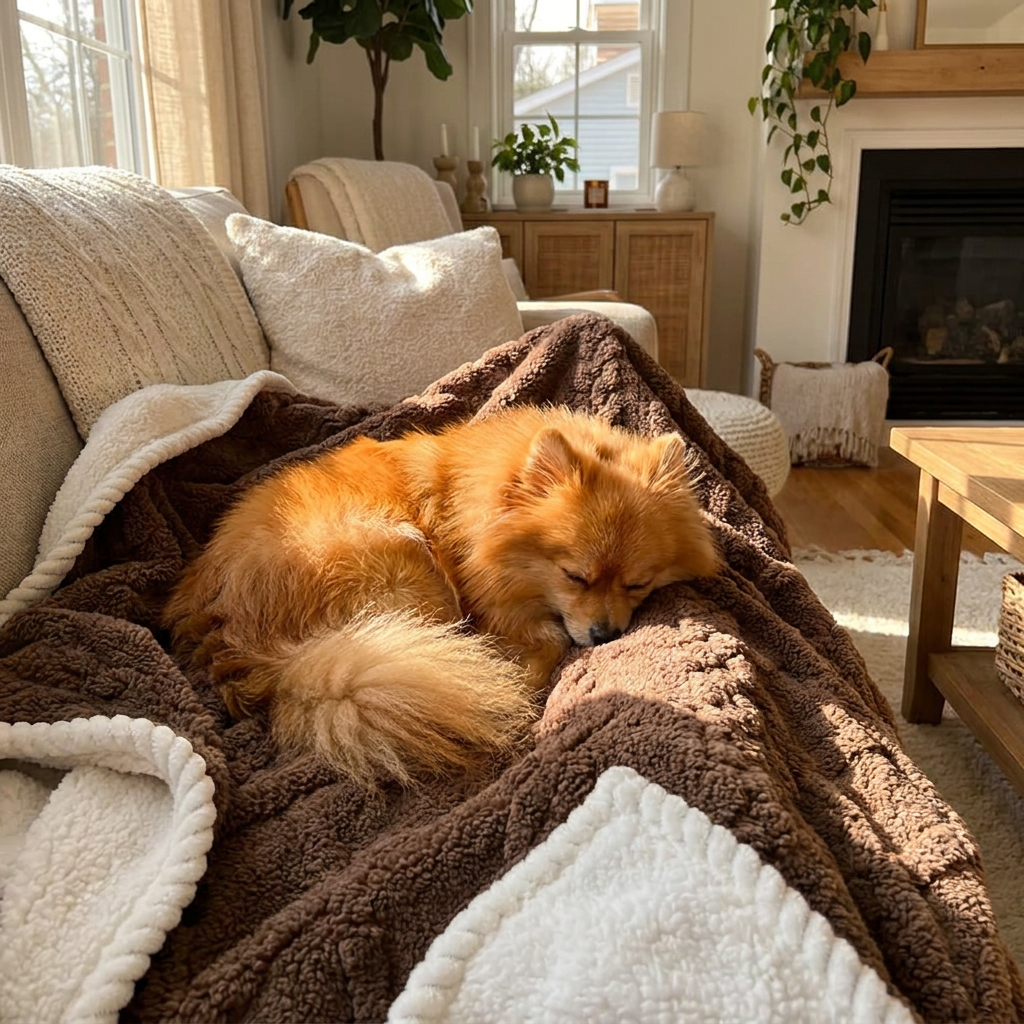 Pomeranian curled up on a curry waterproof sherpa dog blanket