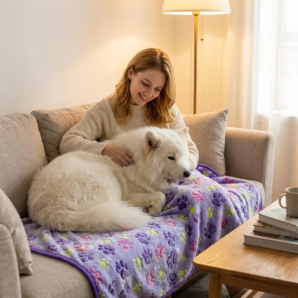 Woman on a sofa with her Samoyed on a purple paw-print coral fleece dog blanket