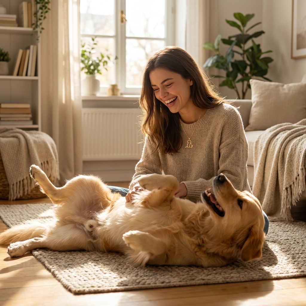 Woman wearing the gold dog and cat pendant necklace while playing with her Golden Retriever at home