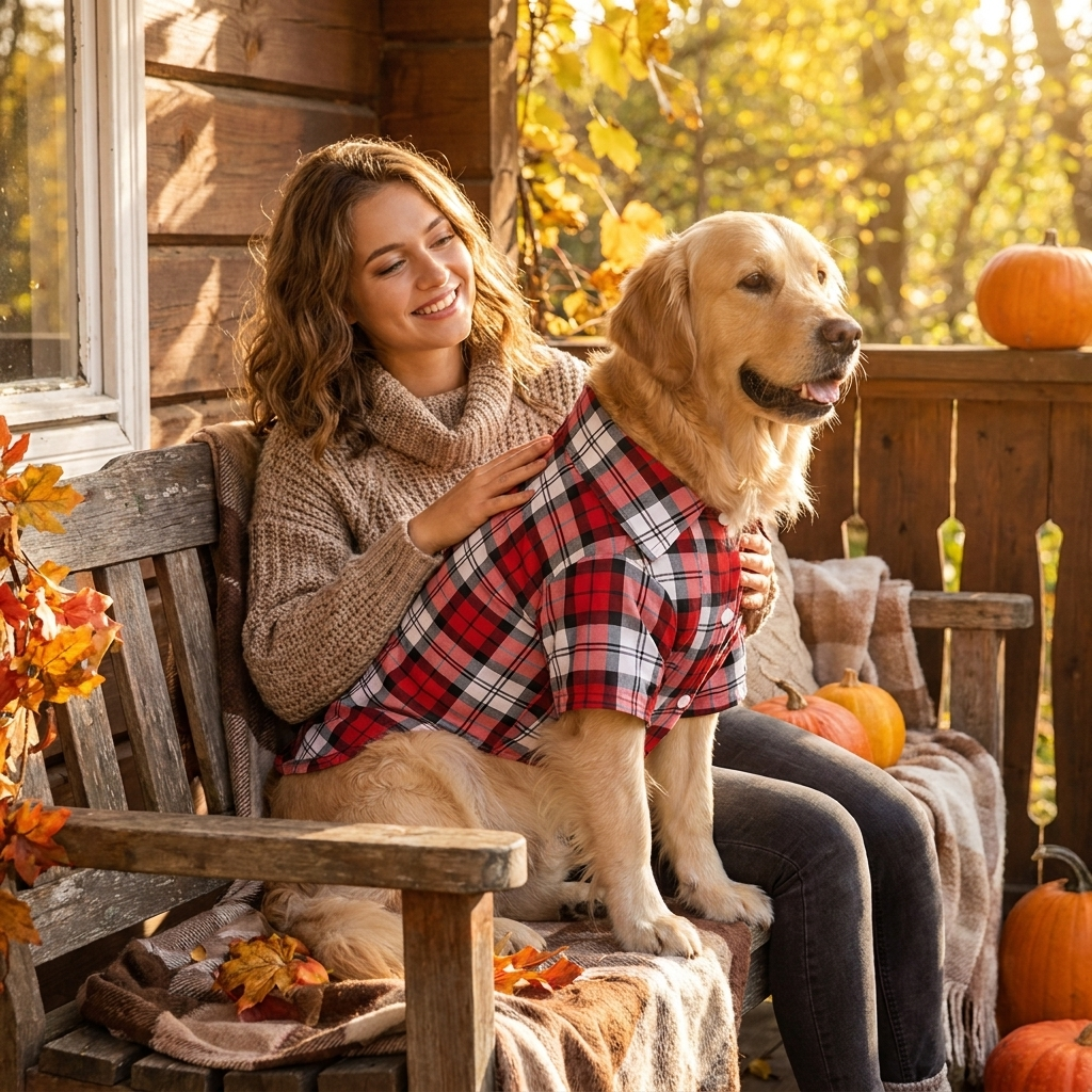 Woman with her Golden Retriever in a red plaid button-down dog shirt on an autumn porch