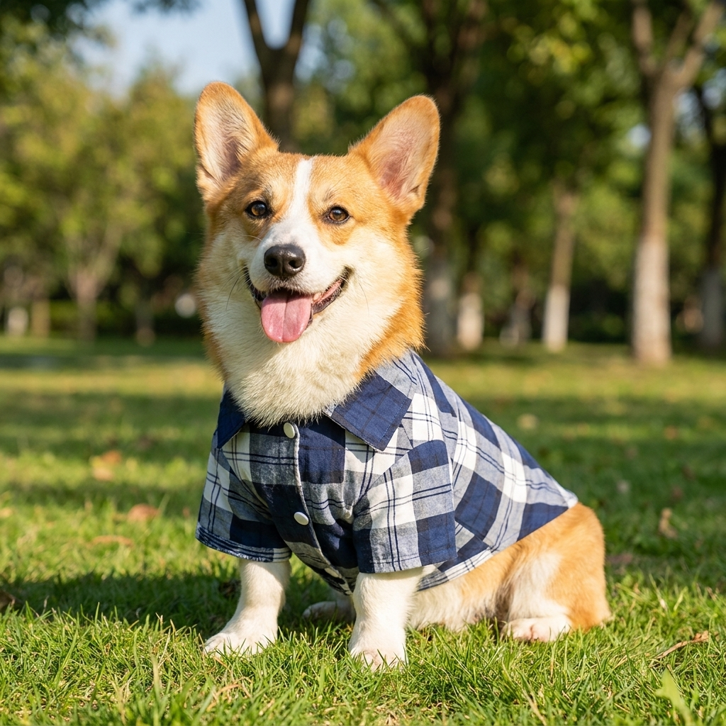 Corgi in a blue plaid button-down dog shirt in a sunny park