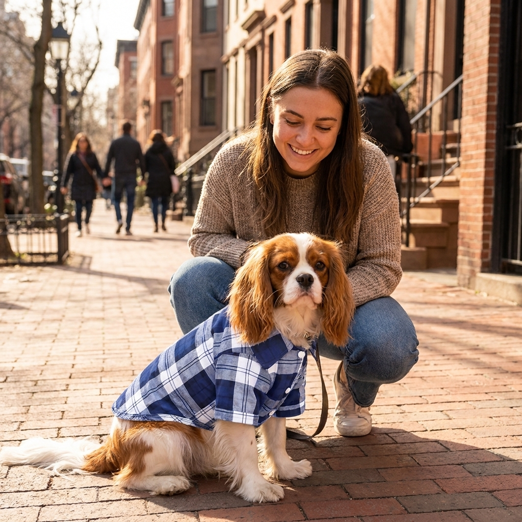 Woman with her Cavalier King Charles Spaniel in a blue plaid button-down dog shirt on a city street
