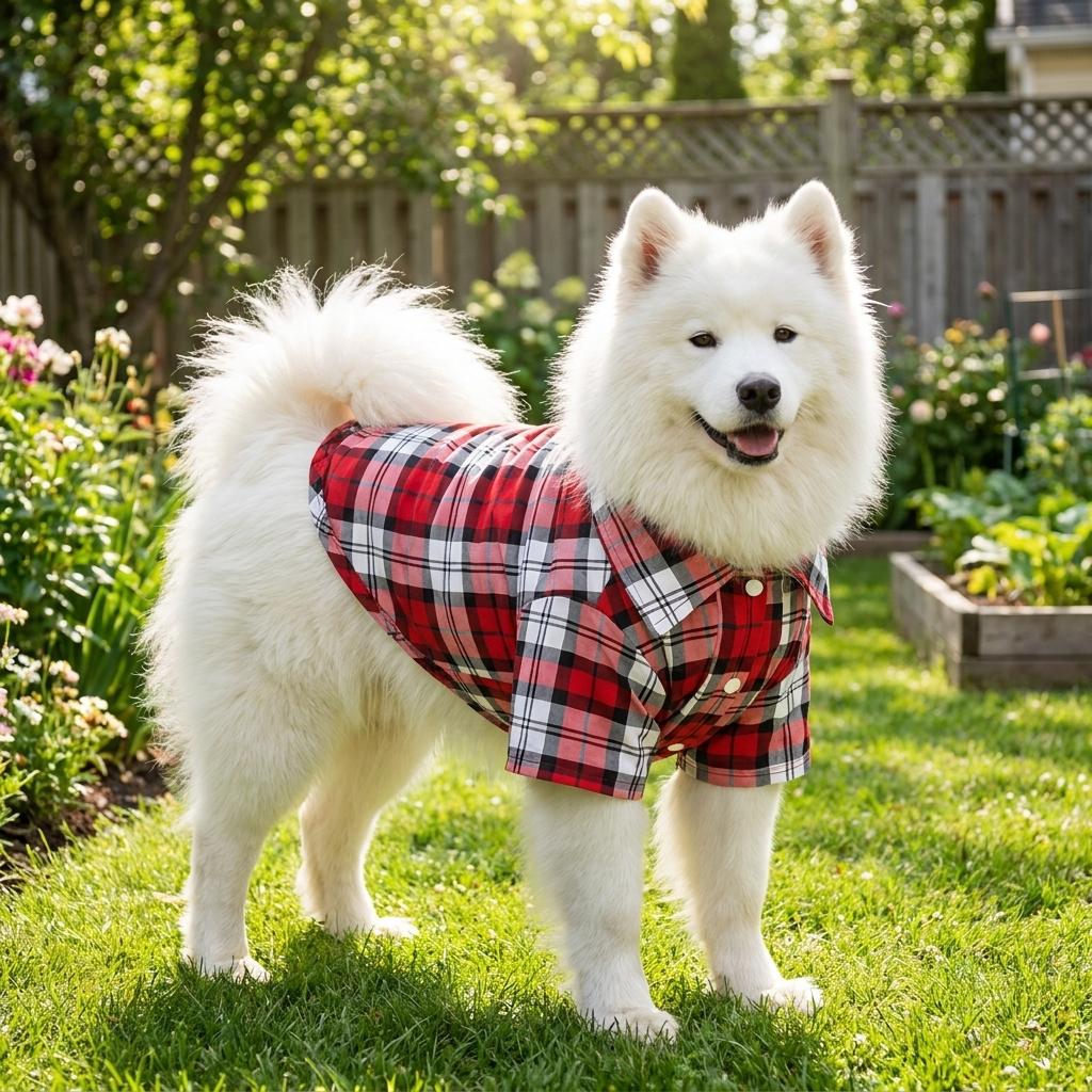 Samoyed in a red plaid button-down dog shirt in a sunny backyard