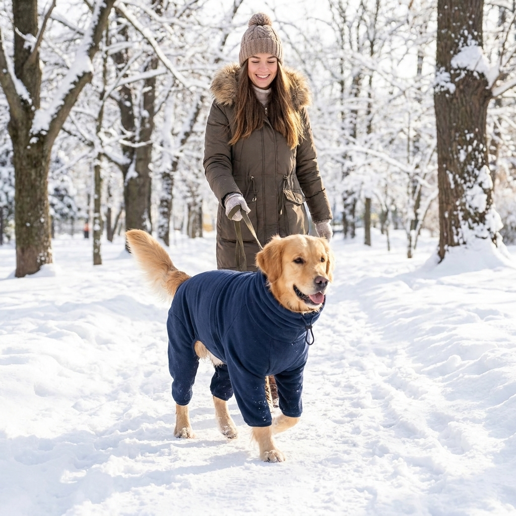 Woman walking her Golden Retriever in a navy fleece dog jumpsuit in a snowy park