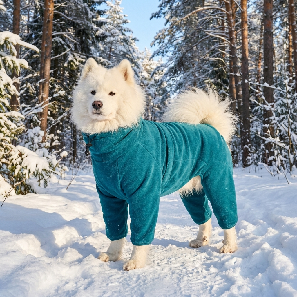 Samoyed in a turquoise fleece dog jumpsuit on a snowy trail