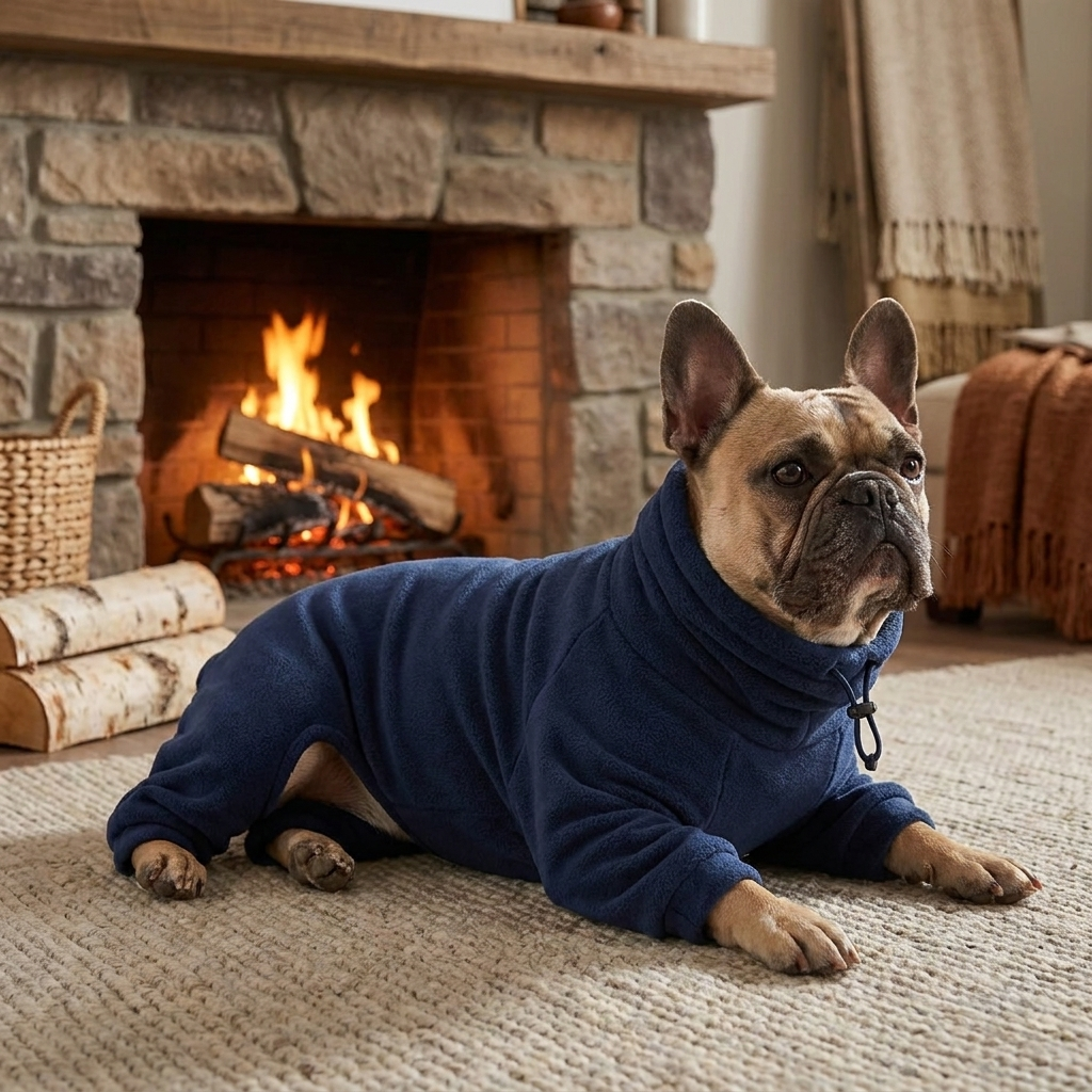 French Bulldog in a navy fleece dog jumpsuit by a fireplace