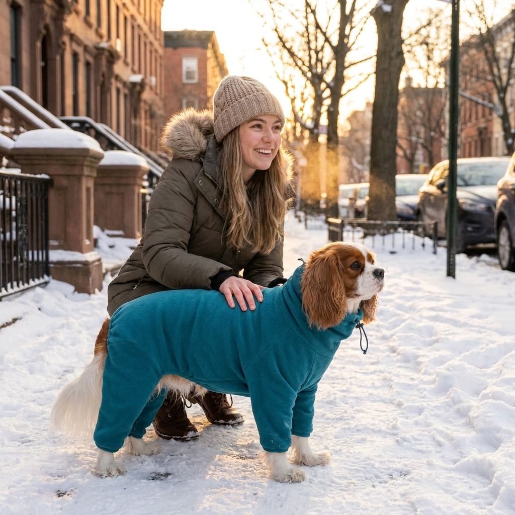 Woman with her Cavalier King Charles Spaniel in a turquoise fleece dog jumpsuit on a snowy street