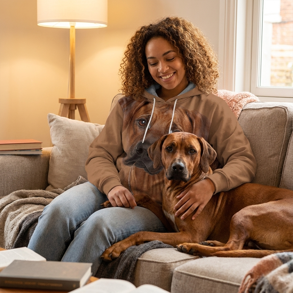 Woman in the Rhodesian Ridgeback big face hoodie relaxing on a couch with her Rhodesian Ridgeback