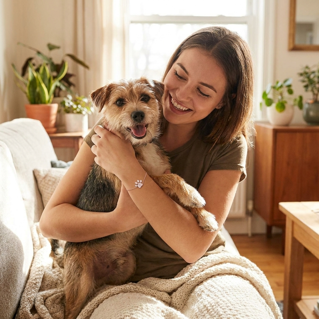 Woman wearing the rose quartz paw print bracelet holding her small dog at home