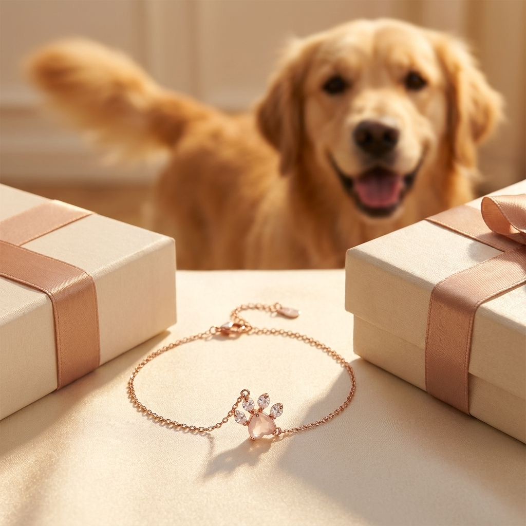 Rose quartz paw print bracelet beside a gift box with a dog in the background